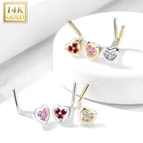 14Kt. Solid Gold Hollow Heart With Tri Stacked CZ L Bend Nose Stud Ring