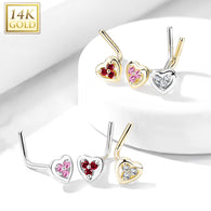 14K Solid Gold Hollow Heart With Tri Stacked CZ L Bend Nose Stud Ring