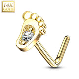 14Kt. Solid White Yellow Gold Baby Foot CZ L Bend Nose Stud Ring