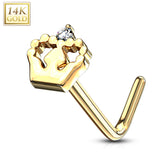 14Kt. Solid White Yellow Gold Royal Crown CZ L Bend Nose Stud Ring