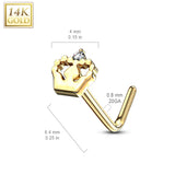 14K Solid Gold Royal Crown CZ L Bend Nose Stud Ring