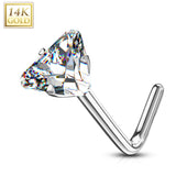 14Kt. Solid Yellow Gold White Gold Triangle CZ Top L Bend Nose Stud Ring