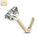14Kt. Solid Yellow Gold White Gold Triangle CZ Top L Bend Nose Stud Ring