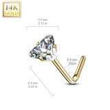 14Kt. Solid Yellow Gold White Gold Triangle CZ Top L Bend Nose Stud Ring