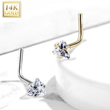 14Kt. Solid Yellow Gold White Gold Triangle CZ Top L Bend Nose Stud Ring