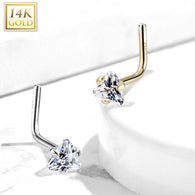 14K Solid Gold Triangle CZ Top L Bend Nose Stud Ring