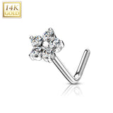 14K Solid Gold CZ Flower Top L Bend Nose Stud Ring