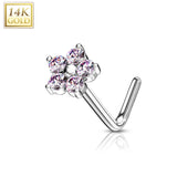14K Solid Gold CZ Flower Top L Bend Nose Stud Ring