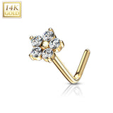 14K Solid Gold CZ Flower Top L Bend Nose Stud Ring
