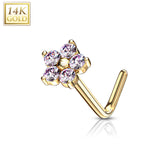 14K Solid Gold CZ Flower Top L Bend Nose Stud Ring