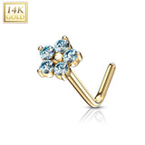 14K Solid Gold CZ Flower Top L Bend Nose Stud Ring