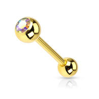 Aurora Borealis CZ Gold Plated on Surgical Steel Barbell Tongue Ring