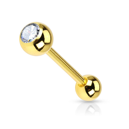 Clear CZ Gold Plated on Surgical Steel Barbell Tongue Ring