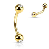 Double CZ Gold IP Curved Barbell Eyebrow Rings