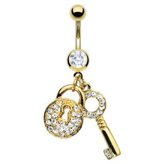 Lock And Key Multi Paved CZ Dangle 14kt Gold Plated Navel Belly Button Ring