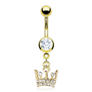 Royal Crown CZ Dangle 14kt Gold Plated Navel Belly Button Ring