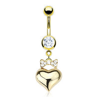 Ribbon Paved CZ With Heart Dangle 14kt Gold Plated Navel Belly Button Ring