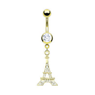Eiffel Multi Paved CZ Dangle 14kt Gold Plated Navel Belly Button Ring