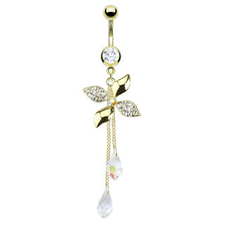 Flower Swirl CZ With Chandelier Crystalline Dangle 14kt Gold Plated Navel Belly Button Ring
