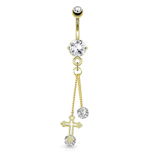 Cross CZ Dangle 14kt Gold Plated Navel Belly Button Ring