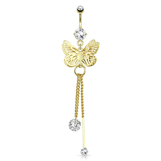Butterfly CZ Dangle 14kt Gold Plated Navel Belly Button Ring