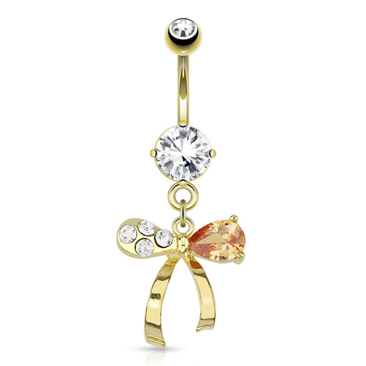 Ribbon Topaz Gems Dangle 14kt Gold Plated Navel Belly Button Ring