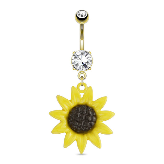 Sunflower Dangle with CZ 14kt Gold Plated Navel Belly Button Ring
