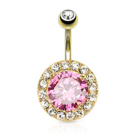Pink CZ 14kt Gold Plated Surgical Steel Navel Belly Button Ring