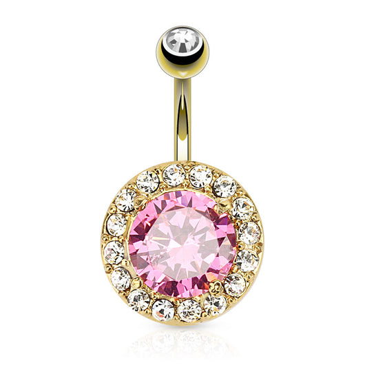 Pink CZ 14kt Gold Plated Surgical Steel Navel Belly Button Ring