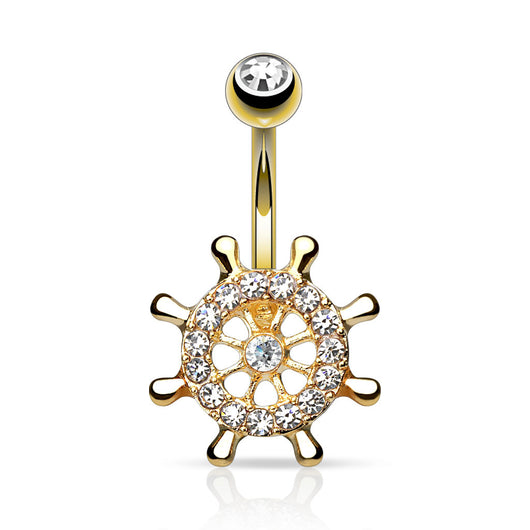 Yacht Wheel CZ 14kt Gold Plated Navel Belly Button Ring