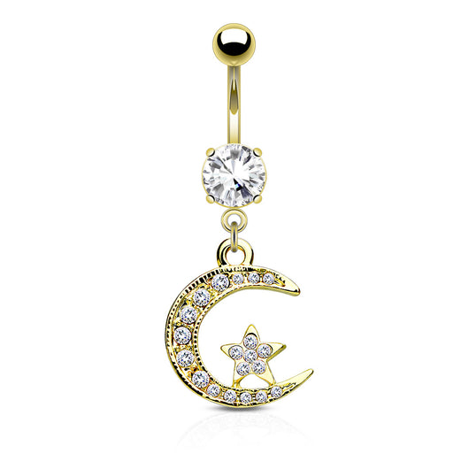 Moon & Star Dangle 14kt Gold Plated Navel Belly Button Ring