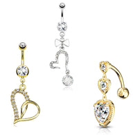 3 Pc Hot Seller 14K Gold And Surgical Steel CZ Heart Navel Belly Button Rings