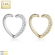 14K Solid Gold CZ Paved Heart Left or Right Ear Cartilage Daith Ring