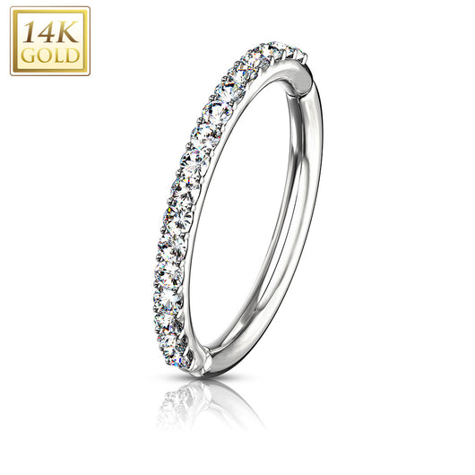 14Kt. Solid Gold CZ Paved Hinged Segment Hoop Ring For Cartilage Daith Helix