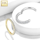 14Kt. Solid Gold CZ Paved Hinged Segment Hoop Ring For Cartilage Daith Helix