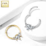 14K Solid Gold Marquise CZ Hinged Hoop Ring Nose Septum Daith