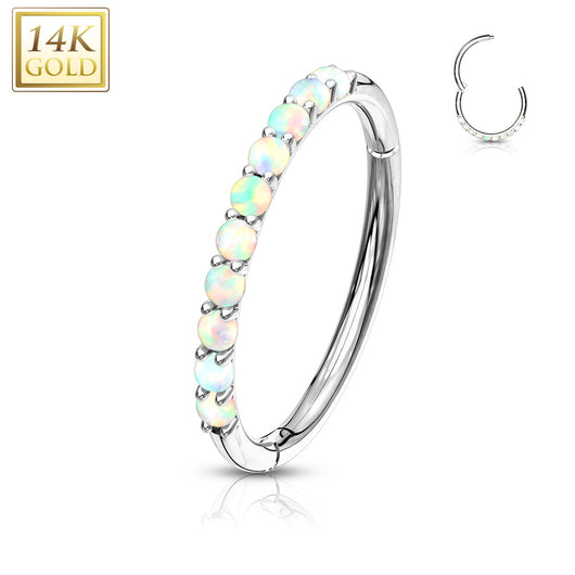 14Kt. Solid Gold Side Opal Paved Hinged Segment Hoop Ring For Cartilage Daith Helix