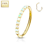 14K Solid Gold Side Opal Hinged Hoop Ring Nose Septum Daith