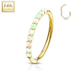 14Kt. Solid Gold Side Opal Paved Hinged Segment Hoop Ring For Cartilage Daith Helix
