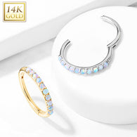 14K Solid Gold Side Opal Hinged Hoop Ring Nose Septum Daith