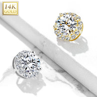 14K Solid Gold 8mm CZ Paved Around Large CZ Center Dermal Anchor Top