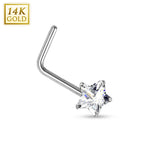 Prong Set Star CZ 14K White Solid Gold L Bend Nose Stud Ring