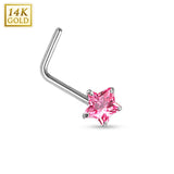 Prong Set Star CZ 14K White Solid Gold L Bend Nose Stud Ring