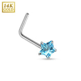 Prong Set Star CZ 14K White Solid Gold L Bend Nose Stud Ring