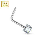 Prong Set Square CZ 14K White Solid Gold L Bend Nose Stud Ring