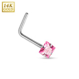 Prong Set Square CZ 14K White Solid Gold L Bend Nose Stud Ring