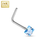 Prong Set Square CZ 14K White Solid Gold L Bend Nose Stud Ring