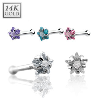 14K White Solid Gold CZ Star Top Nose Stud Ring