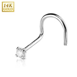 Prong CZ 14K White Solid Gold Nose Screw Ring