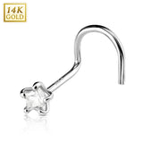 Prong Set Star CZ 14K White Solid Gold Nose Screw Ring